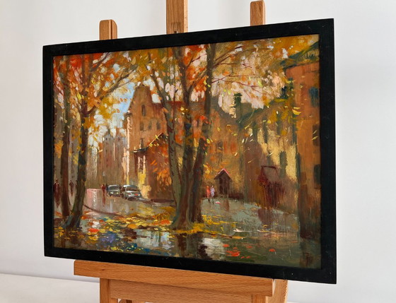 Image 1 of Original Oil Painting Autumn City Landscape Streets in autumn leaves