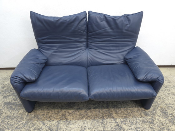 Image 1 of Cassina Maralunga Two-Seater Blue Designer Sofa Leather Sofa Couch Magistretti