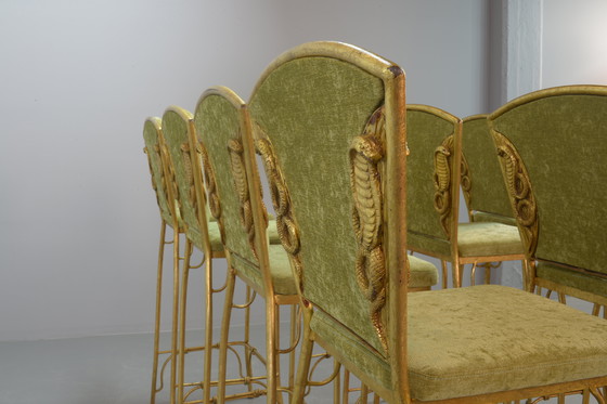 Image 1 of Tabourets de bar Cobra dorés avec tapisserie en velours vert citron, 1970. Ensemble de 2.