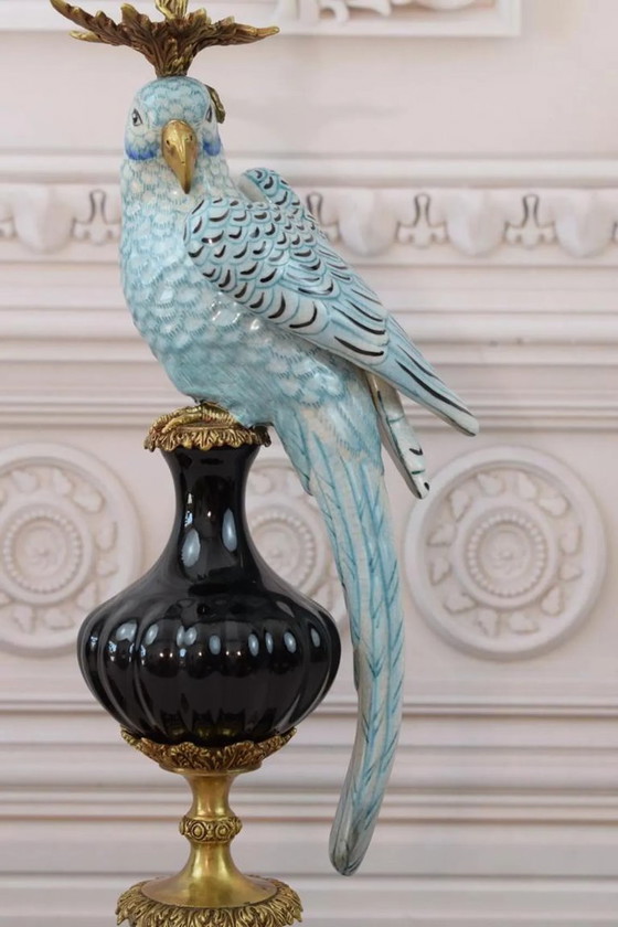Lussuosa coppia di Portacandele pappagallo in porcellana blu con bronzo – Dipinti a mano e finitura craquelé (photo 6 of 10)