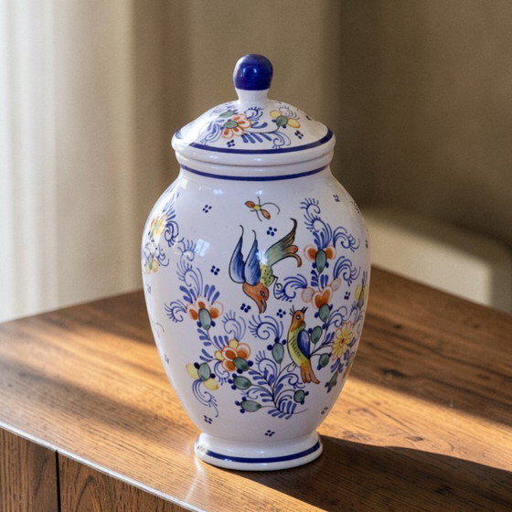 Image 1 of Large covered vase in hand-painted Moustiers earthenware
