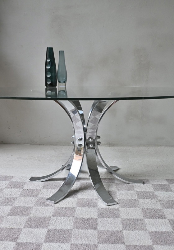 Image 1 of Tavolino rotondo in vetro con base in acciaio inox