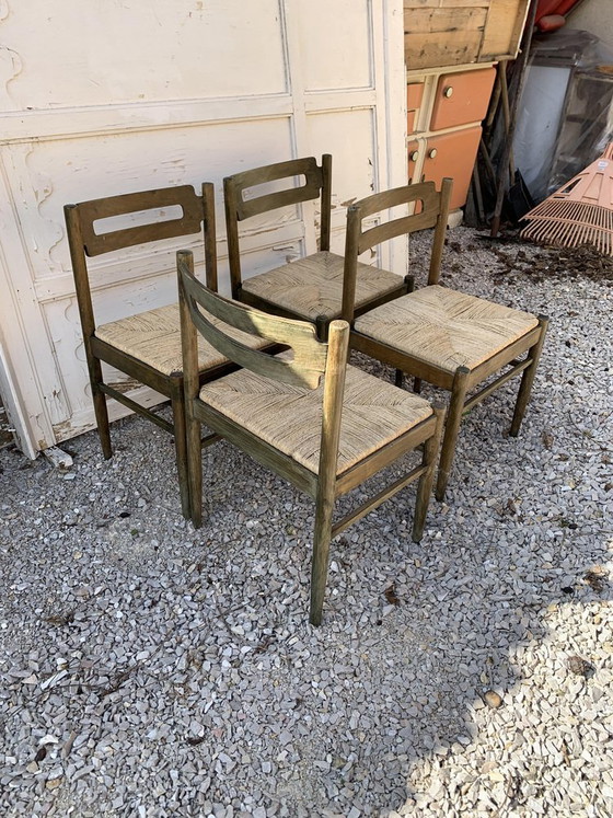 Rustic Wooden Dining Chairs with Straw Seats, 1970s, Set of 4 (photo 3 of 5)