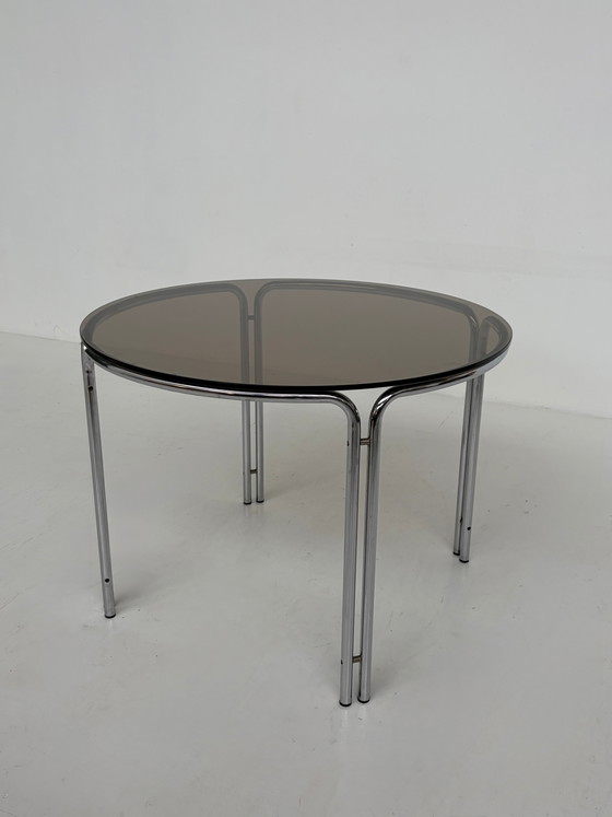 Vintage ronde eettafel van rookglas – Chrome, Mid Century Modern (photo 5 of 5)