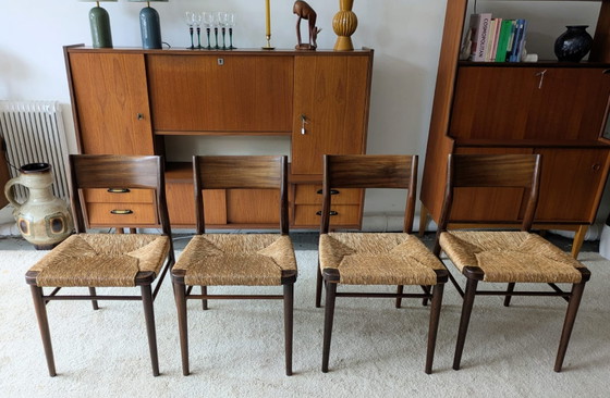 Image 1 of Set vintage di 4 sedie da pranzo in teak e corda di carta, Georg Leowald per Wilkhahn, modello 351