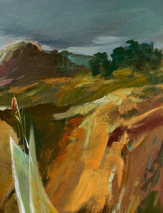 Image 1 of Original Oil Painting Sea Coastal Landscape Sailing away on a yacht