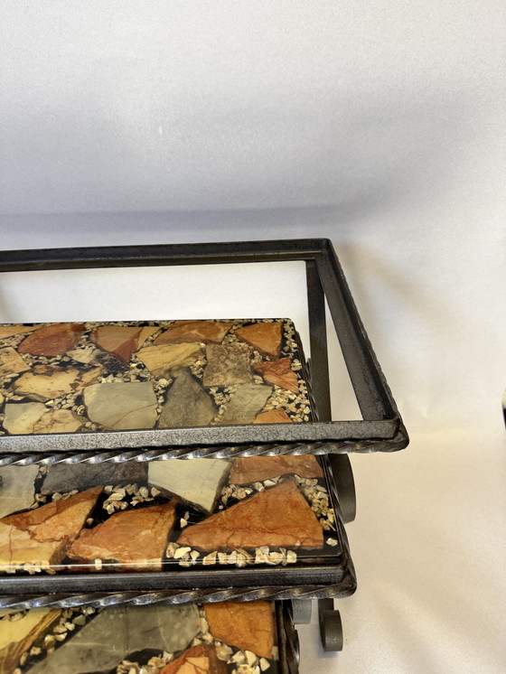 Image 1 of Set of 2 vintage mosaic tables + additional wrought iron base