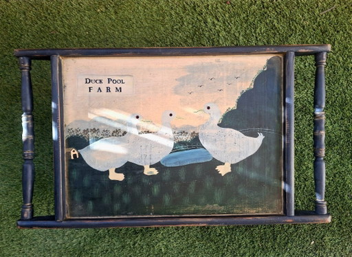 Bandeja vintage madera con patas plegables y pintura original a mano - Decoración rural / farm house