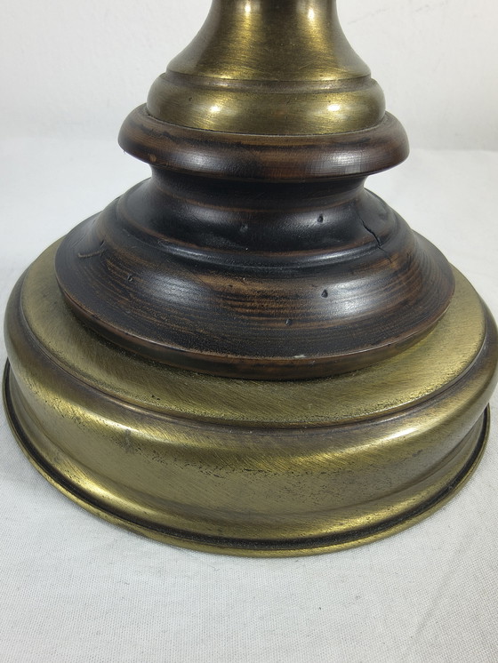 Image 1 of Vintage brass wood table lamp with opaline glass shade – classic / country style