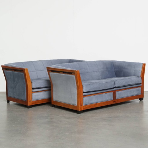 2 x Schuitema Art Deco design sofa with blue nubuck leather upholstery
