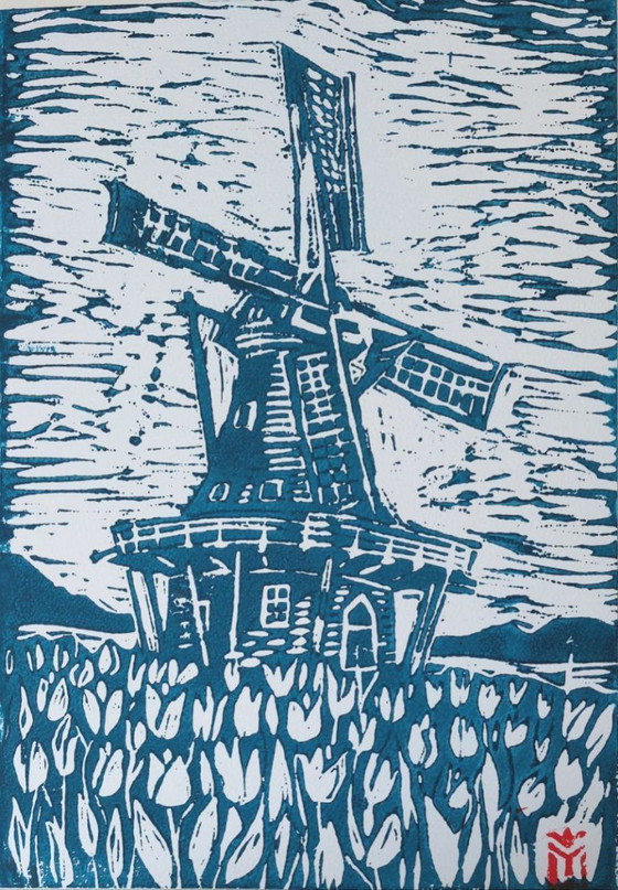 Image 1 of Grabado en linóleo de un molino de viento holandés | Tinta terracota, arte de campos de tulipanes (A4)