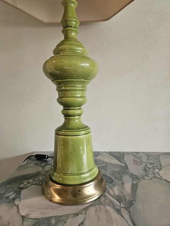Image 1 of paar vintage groene keramische lampen met nude lampenkap