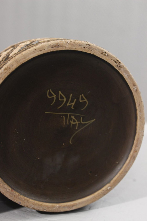 Image 1 of Coppia di vasi vintage in ceramica, argilla chamotte, decoro geometrico, Italia, anni '70