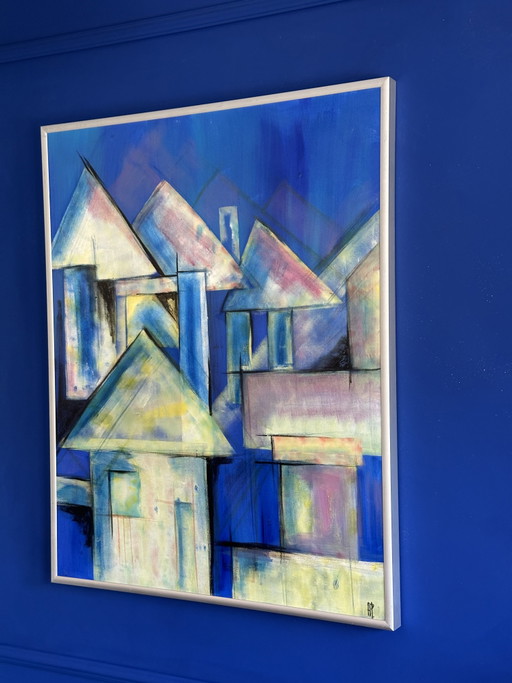 Dipinto di Anke Peddemors, "Case blu elettrico"