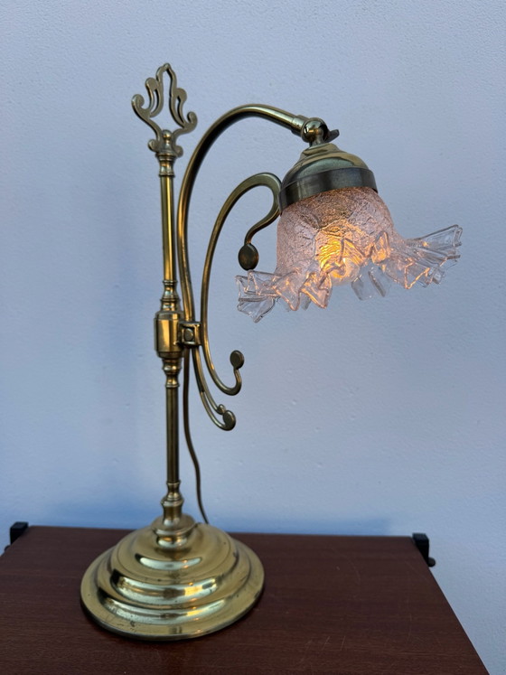 Lampada a collo di cigno in ottone Art Nouveau – Lampade da tavolo, Vetro (photo 2 of 15)
