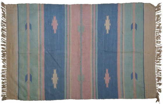 Image 1 of Vintage Indian Dhurri Kilim 4'x6' - 1960s Pastel Stripes (1C70)