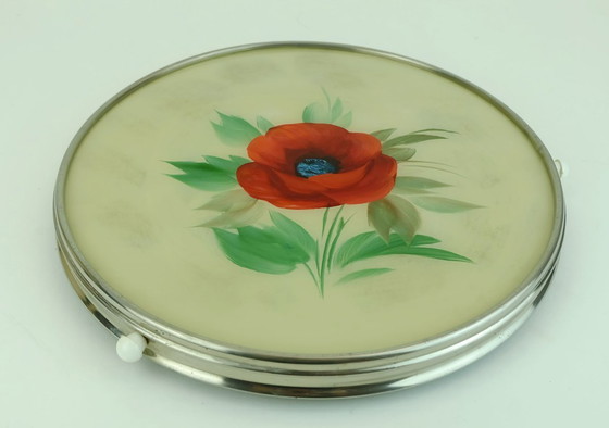 Image 1 of 1930s rotatable CAKE PLATTER glass chrome cake plate floral decor poppy decor