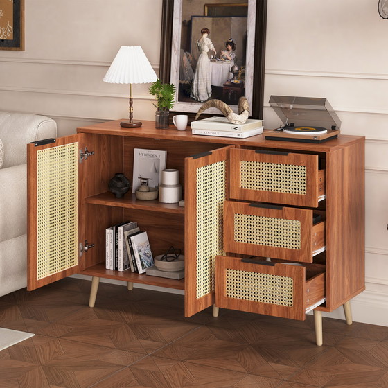 Image 1 of Urban Meuble vintage dressoir van rotan in walnoot houtlook met 2 deuren en 3 lades met zwarte handgrepen 120*38*78cm CRI