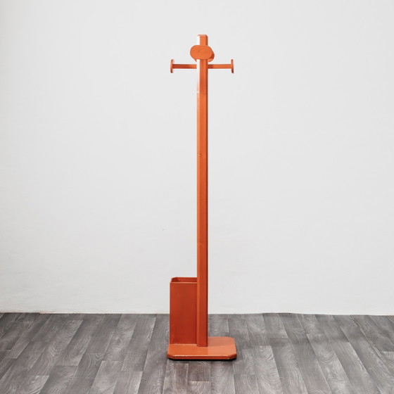 Image 1 of Vintage oranje houten paraplu- en kapstok uit de jaren 60, mid-century stijl.