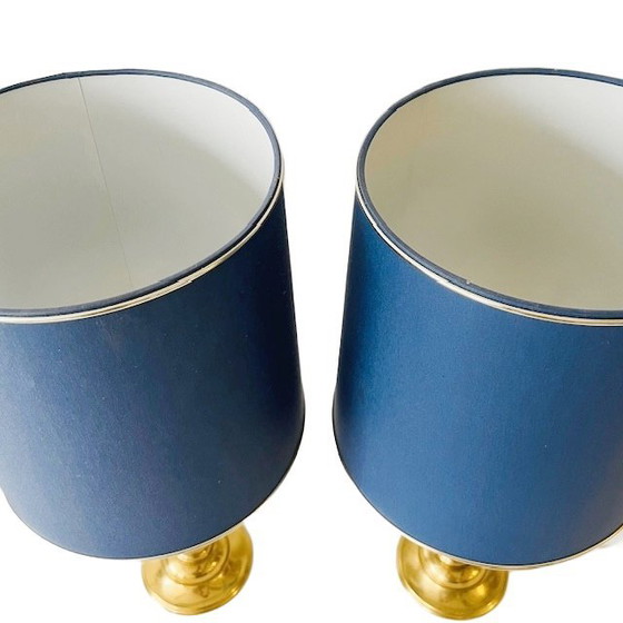Image 1 of Mid-century paar messing tafellampen goud blauw Hollywood Regency 1950's