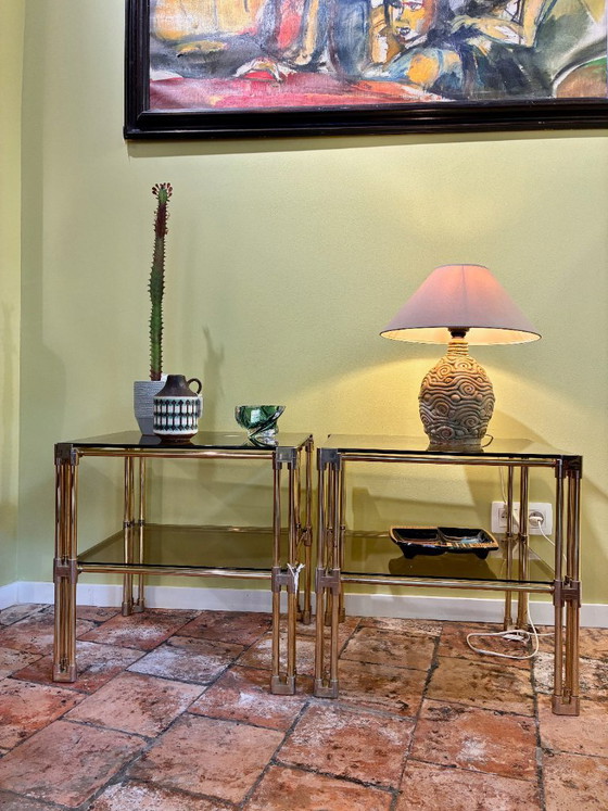 Pair of vintage Hollywood Regency style side tables, in brass and glass, dating from the 1970s. – Metal (photo 18 of 19)