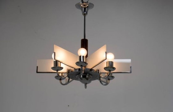 Image 1 of Six-Arm Art Deco Chandelier in Chrome and Sandblasted Glass, 1940s