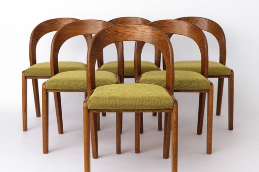 Set of 6 Mid Century Dining Chairs, Baumann Gondola Chairs 1970s, Oak Wood Chairs with Green Upholstery, Vintage German Dining C