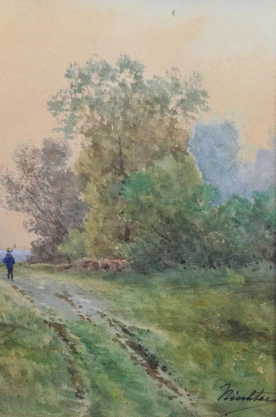 Antique French Signed Watercolor Landscape With Country Path, Gilt Frame, Circa 1900 – Paintings & Drawings (photo 2 of 12)