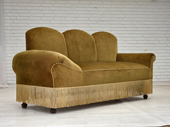 Image 1 of 1950s, 2 seater sofa/daybed, light green furniture velour, ash wood legs.