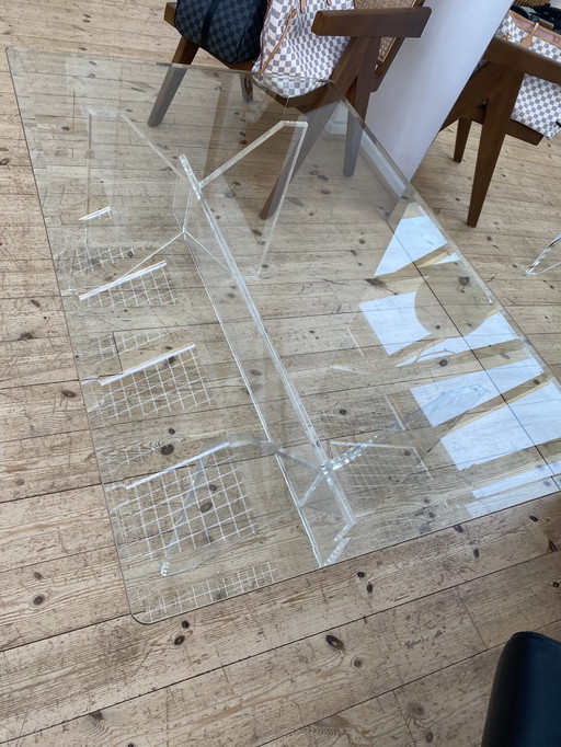 Designer living room table / glass top and plexiglass base
