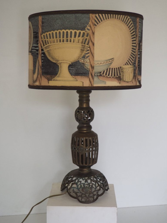 Image 1 of Large Filagree bronze table lamp/shadow Fornasetti fabric