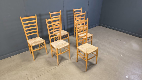 Image 1 of Set of 6 Beech wood italian ladder back chairs, 1970s