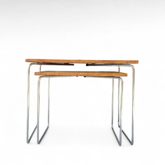 Image 1 of Juego de 2 mesas auxiliares Brabantia, tablero de wengué, patas cromadas