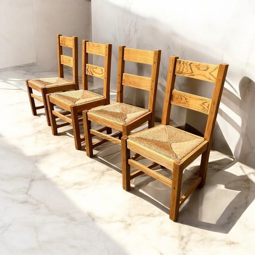 Mid - Century Oak and Rush Dining Chairs