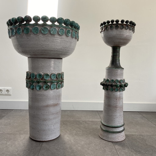 Unique pair of handmade ceramic floor vases - fat lava style - ca. 1960/70