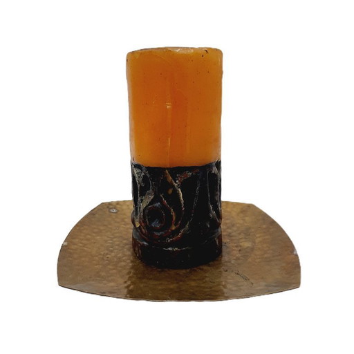 Vintage Wrought Brass Candle Holder & Large Candle