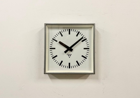Image 1 of Grey Industrial Square Wall Clock from Pragotron, 1970s