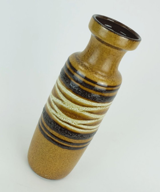 Image 1 of scheurich mid century VASE 1960s fat lava stripe decor ochre black white model no. 200-28