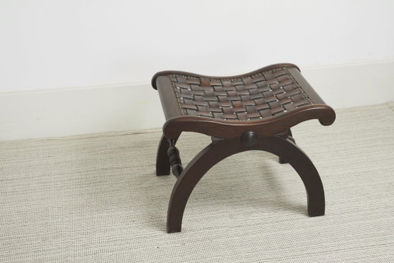 Spanish Revival Leather Stool Woven Leather Footstool Vintage Spanish Colonial Ottoman Rustic Wood Accent (photo 2 of 19)
