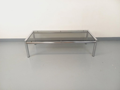 Vintage rechteckiger Couchtisch aus Rauchglas und Chrommetall aus den 1970er Jahren