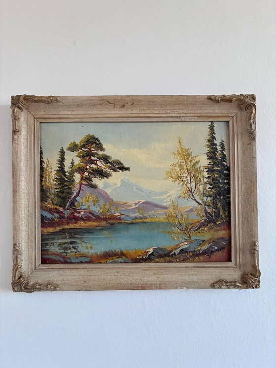 Image 1 of Peinture à l'huile originale vintage représentant un paysage de montagne et de rivière, encadrée