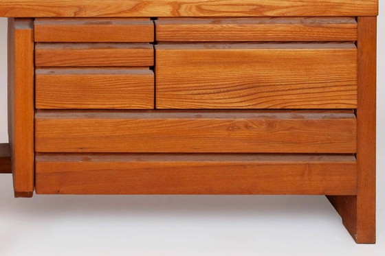Pierre Chapo, coiffeuse, tabouret et pouf 1989, Bureaux, Cuir, Bois, Marron, Design (photo 5 sur 8)