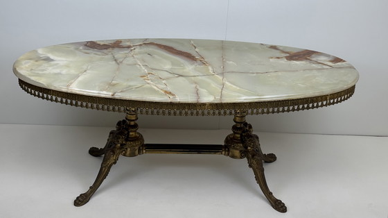 Image 1 of Tavolino da caffè vintage in pietra naturale, ottone e marmo onice