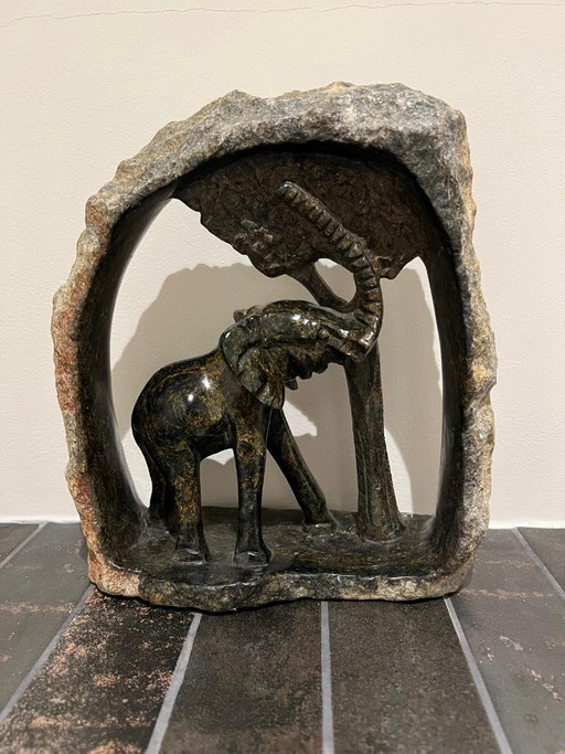 Escultura de elefante de piedra – Estatua decorativa con arco de piedra – 21 cm – decoratieve objecten, Stone (photo 2 of 5)