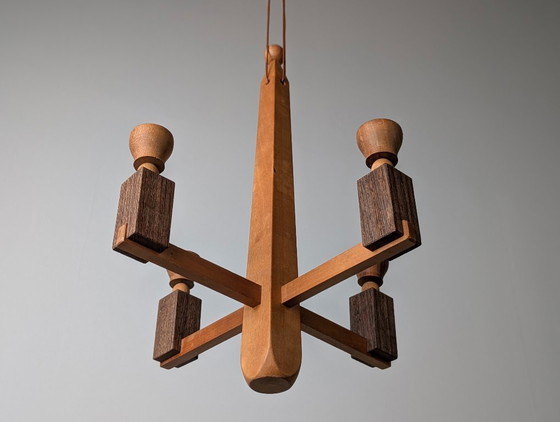 Image 1 of Danish Art Deco Style Wooden Candle Chandelier, 1970s