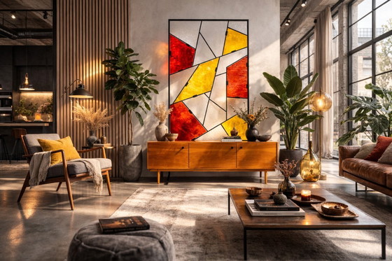 Image 1 of Mid-Century Modern Geometric Room Divider with Textured Colored Glass, 1970s–1980s