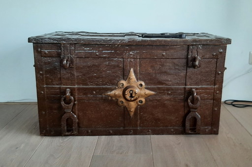 Antique iron money box with key 17th century.