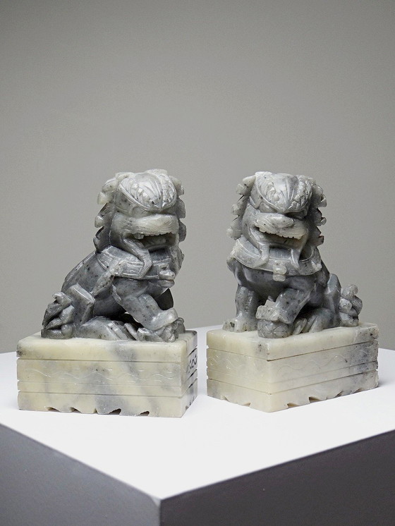 Image 1 of Pair of small Dogs/Lions Foo carved soapstone vintages