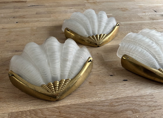 Image 1 of 3x Wandleuchte Schalen - Art Deco - Glas und Messing