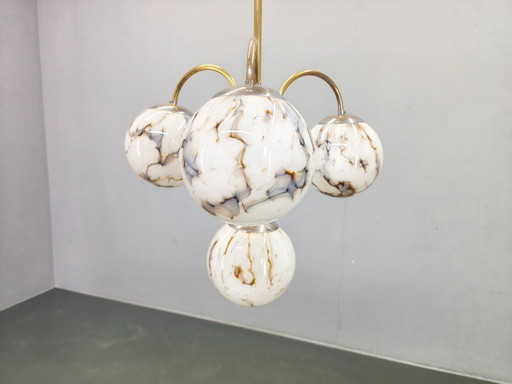 Art Deco Chandelier, Marble Glass, Brass & Chrome, 1930s
